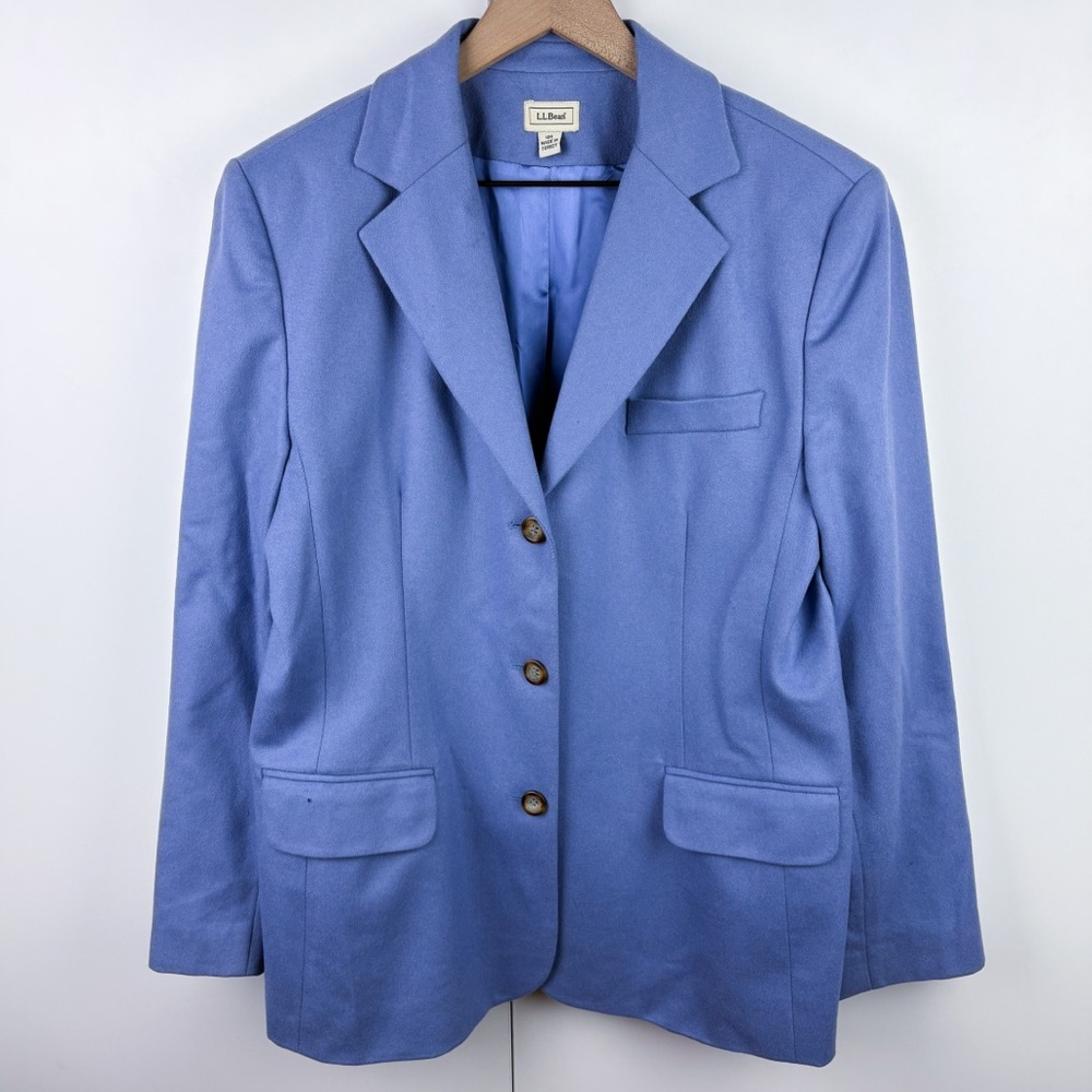 L.L. Bean Wool Cashmere Three Button Blazer Suit Jacket Periwinkle Blue Vintage